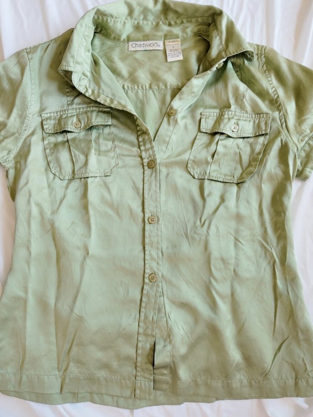 Vintage 100% Silk blouse Size S Small Sage Green Short Sleeve Utility Blouse Y2k